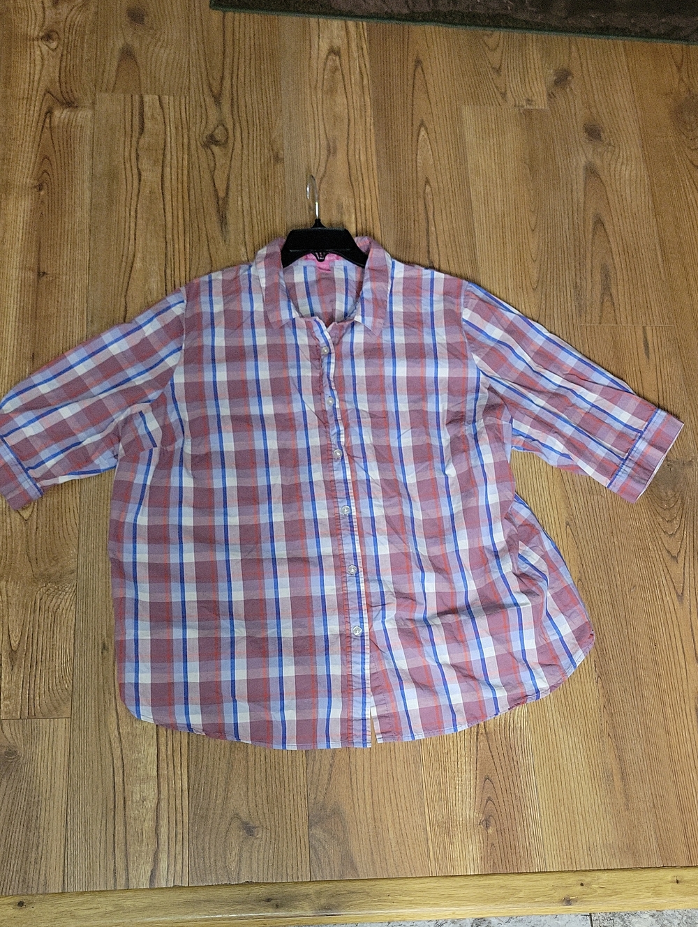 Woman Within Plaid Button-Down Shirt in Pink,Purple Blue & White
